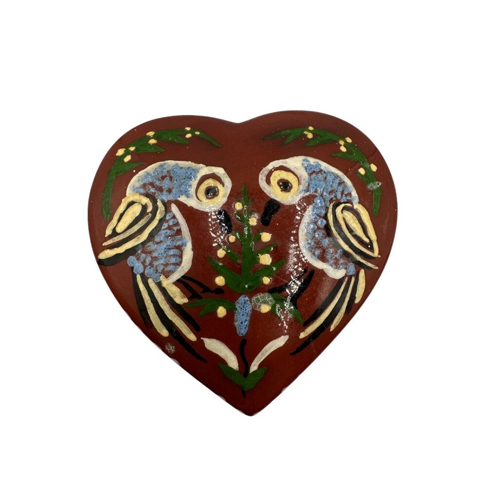 Hand-Painted Heart-Shaped Ceramic Trinket Box With Parrot Design